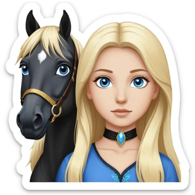 White girl, long blonde hair, beautiful blue eyes, next to a black Arabian horse sticker