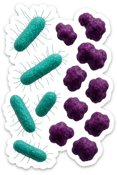 5 BATTERI BUONI E 5 BATTERI CATTIVI FLUTTUANO IN ARIA, I BATTERI BUONI FALLI TURCHESI, I BATTERI CATTIVI FALLI VIOLA, IPERREALISTICO 4K, NON DISEGNATO sticker