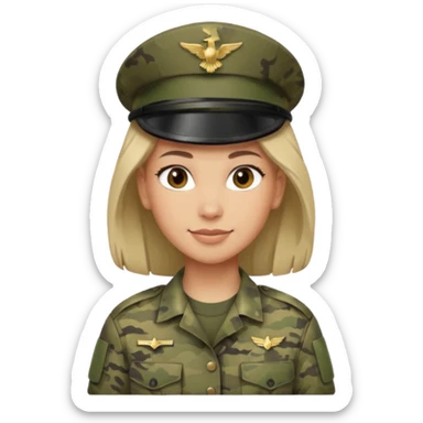 Female soldier emoji in Apple style, no cap/helmet, bust portrait, gentle smile, generic camo, hair visible, soft gradients, transparent PNG sticker