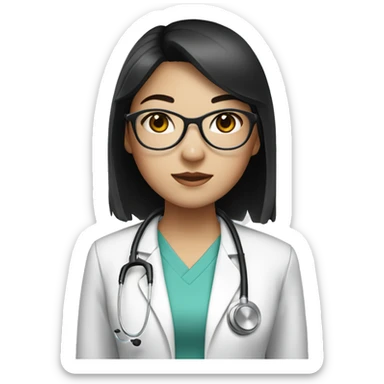 Asian girl, with white skin tone, black hair, wearing silver round circle glasses and a white scrub and a stethoscope  sticker