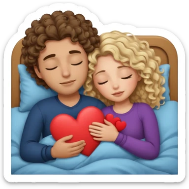 cuddling in bed, asleep. wavy haired blonde girl. man with curly,  dark brown hair. eyes closed. heart between them. no headboard sticker