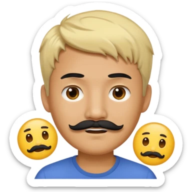 Asian man with a black mustache and short messy blond hair, emoji style sticker