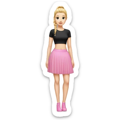 White girl, high heels, black pleated miniskirt, pink croptop, pink ponytail sticker