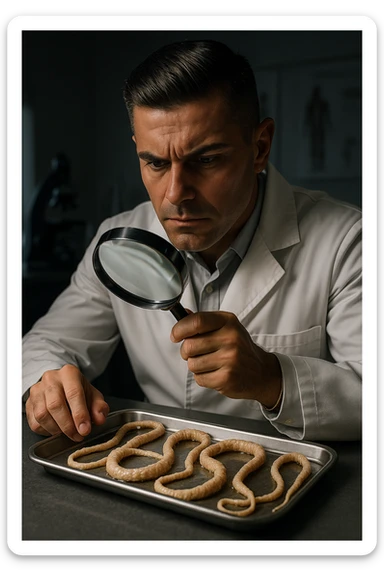 A middle-aged male kinesiologist wearing a pristine white lab coat, intensely analyzing long, beige tapeworms (like Taenia) under a magnifying glass. His expression is focused and slightly concerned, with dramatic studio lighting casting sharp shadows. The parasites are highly detailed, moist, and textured, stretched across a sterile metal tray. The background is blurred but suggests a clinical environment—hints of a microscope, medical charts, and clean lab equipment. The style is hyper-realistic, with a cinematic contrast between the bright white coat and the grotesque, organic forms of the parasites. No sci-fi elements, just raw medical realism with a disturbing edge sticker