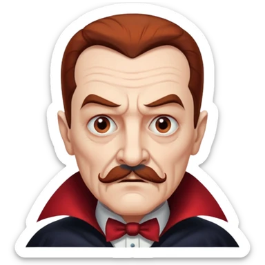 An elderly man with slicked-back reddish-brown hair, sharp brown eyes under heavy brows, and a white mustache, giving him a stern, Dracula-like appearance.  sticker