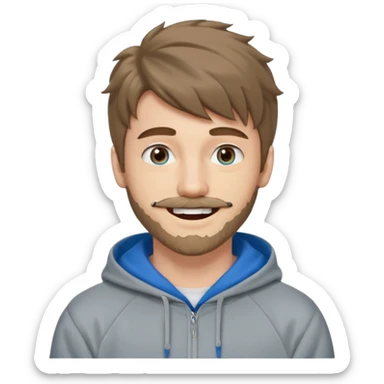 20 year old man, short scruffy beard and thin moustache, brown puffy mullet, blue eyes, big smile, white teeth, big lips, pronounced jaw, hair longer in back, sticking up on top, thin face, grey hooded sweatshirt, pale skin, big smile, blue eyes, puffy hair that is long in back sticker