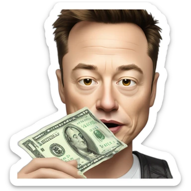 Elon musk snorting a pile of powdered sugar using a credit card and a dollar bill sticker