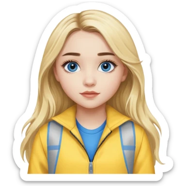 Sabrina Carpenter blue eyes, long blonde hair, yellow tour outfit sticker
