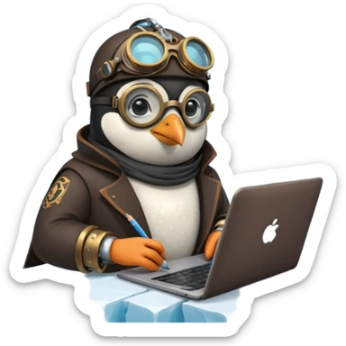 an steampunk engineer penguin writing code on a laptop, on an iceberg sticker