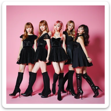 photorealistic Blackpink album cover, K-pop group, pink and black, bold and glamorous sticker
