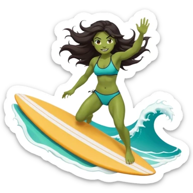 ork female surfer riding big turquoise wave, muscular green body, fierce tusked grin, sporty bikini top and board shorts, long windswept dark hair, focused eyes, surfboard under feet, minimal ocean and sky background, centered emoji, vibrant summer colors, sticker style sticker