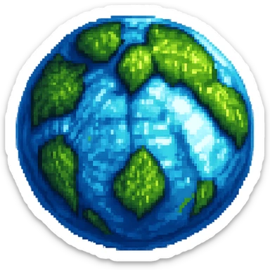 Add more 3D depth and shading to this pixel art globe icon, enhance highlights and shadows, keep background transparent, maintain pixel art style with enhanced 3D effect and lighting. sticker