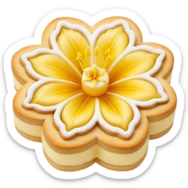 Realistic shortbread cookie in the shape of a lily flower with pastel yellow color jelly middle filling and sprinkled powder sugar on top. sticker