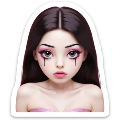 girl with white skin, dark brown long straight hair falling in front of her body, very big pouty extra shiny lips with absolutely no cupid's bow, shiny large eyes with black eyeballs and long eyelashes, lighter button nose, very long oval-shaped face, wearing a pink bandeau top with straight neckline, looking directly at camera with hands down at sides sticker