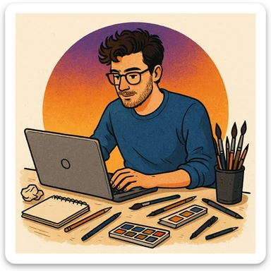A creative man working on a laptop, art supplies scattered around, with an orange and purple circle gradient behind him. sticker