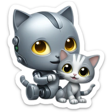 Baby robot playing with grey cat sticker