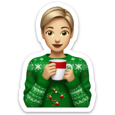 Light brown short haired girl with green eyes drinking coffee wearing Christmas sweater sticker