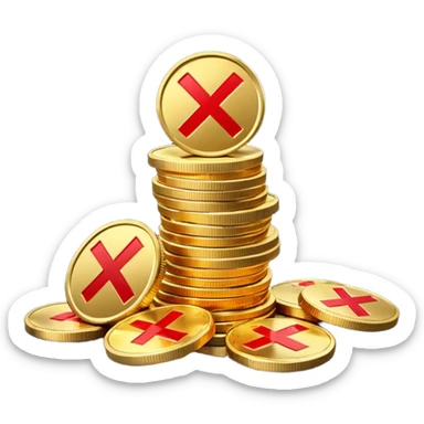 A stack of shiny gold coins without any symbols on top, crossed by a red prohibition sign (no symbol). Apple Emoji style, 3D look, soft reflections, clean white background, high-quality rendering, realistic lighting and shadow, smooth gradients, no text or logo. sticker