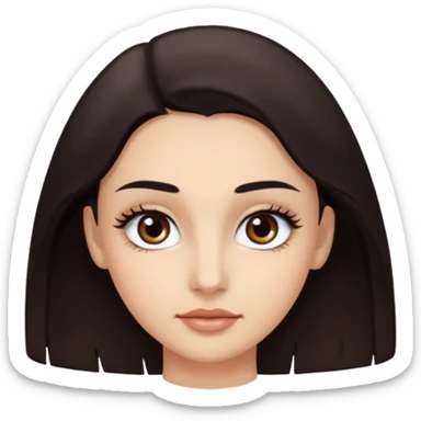 Rostro de forma ovalada con facciones delicadas. Ojos grandes y expresivos de color café oscuro, con pestañas largas y definidas. Cejas oscuras, pobladas y bien formadas. sticker