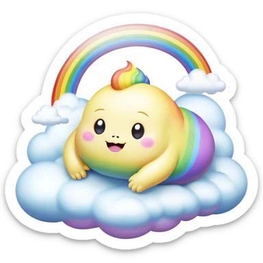 3D, Kawaii derpy fat rainbow monster laying on a magic rainbow cloud, rich textures, visually detailed, so lifelike that it feels like it could leap off the page at any moment sticker