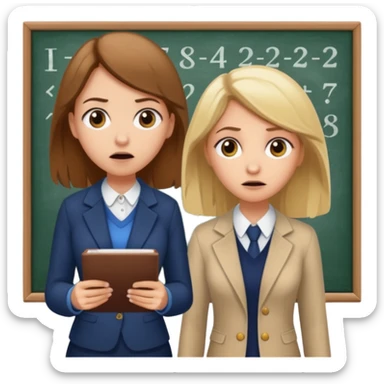 super scared white girl with brown hair doing math while a scary old blond teacher stands over her sticker