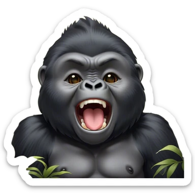 Cinematic Cute Yawning mountain Gorilla Portrait Emoji, Head tilted slightly with a dramatic, wide-open yawn, showcasing a formidable build with a black and greyy mane and drowsy, half-closed eyes, Simplified yet irresistibly adorable features, highly detailed, glowing with a soft, cozy jungle glow, high shine, relaxed yet expressive, stylized with a dash of whimsical primate charm, soft glowing outline, capturing the essence of a drowsy yet affectionate guardian that appears ready to stretch out for a nap! sticker