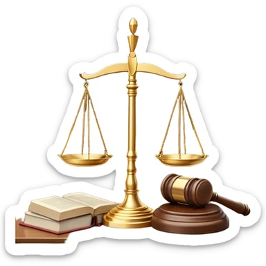 A balanced golden scale symbolizing justice, standing on a polished wooden judge's desk. Beside it, a wooden gavel rests near an open law book filled with legal texts. The background features a grand courthouse with tall pillars, exuding a sense of authority and fairness sticker