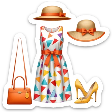 Icon for Fashion Design: a pattern of a bright, beautiful dress with measurements, a ruler, and pencil, along with a hat, shoes, and a handbag. The icon should represent fashion design with attention to detail and style. Transparent background. sticker