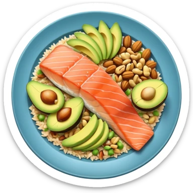 plato con comida variada granos aguacate salmon nueces arroz sticker