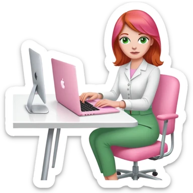 Red head green eyed life coach sat at desk with pink MacBook on pink chair sticker