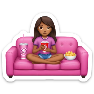 home brown girl with plate of chips and one soda drink, sitting at the pink sofa sticker