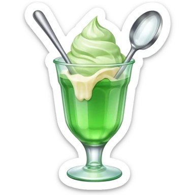 Create an emoji with a clear rounded glass, bright transparent green soda, vanilla ice cream scoop sticker