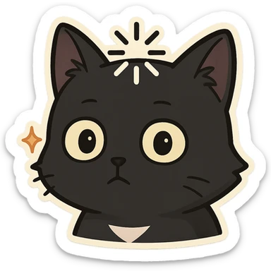 Cat meme, a black cat head with a dull expression, wide eyes, and a loading symbol on its head sticker