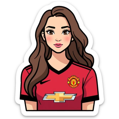 Cute girl with long straight brown hair, brown eyes with mascara, makeup, wearing a Manchester United red football kit sticker