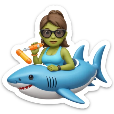 orc female sitting in an inflatable floatie shaped like a shark, wearing oversized sunglasses and a whistle on a neck cord, 2d sticker