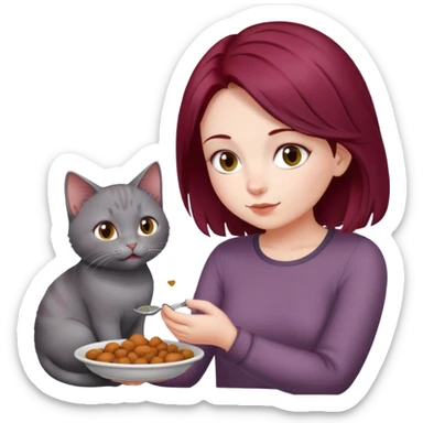 Beautiful long burgundy haired girl feeding gray cat sticker