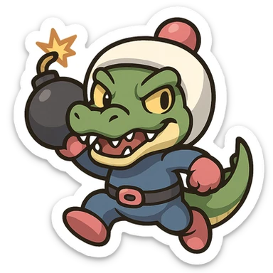 A crocodile character inspired by Bomberman, featuring a white helmet, blue suit, and a mischievous expression, ready to throw a bomb sticker