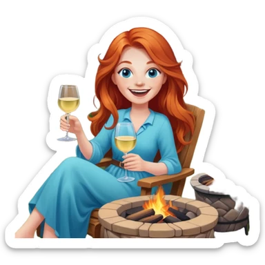 Laughing redhead with long hair and blue eyes holding white wine sitting in chair beside fire pit in backyard sticker