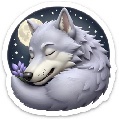 Meme-Worthy Cute Sleeping Werewolf Portrait Emoji, with a cuddly, miniature lupine form in soft moonlit grays and silvers, head resting peacefully with gently closed dreamy eyes and a small, content smile, simplified yet irresistibly endearing, highly detailed with a soft glowing outline that captures the cozy, sleepy essence of a werewolf after frolicking under the full moon! sticker