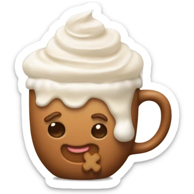 Hot gingerbread latte in a beige mug with whipped cream sticker