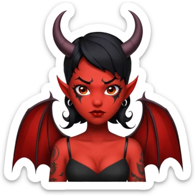 Demon girl, entire skin solid red, black hair, horns, bat wing, black dress, tattoo-flash comic. sticker