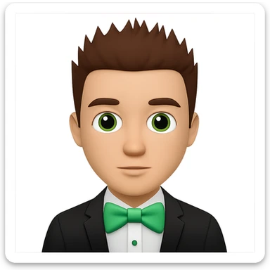 Change the man's hair to short spiky hair, keep the man with green bow tie, in apple emoji style, with no background. sticker
