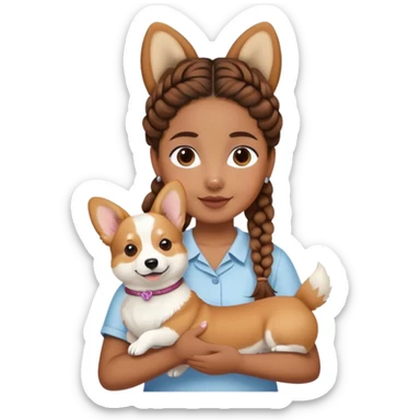 A girl with brown braided hair is holding a white corgi sticker