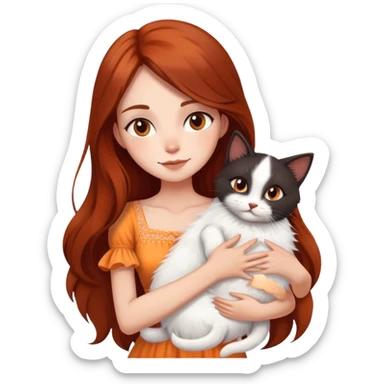 beautiful skinny fair woman with long dark brown-reddish hair in light dress hugging a cat with fluffy black, orange and white fur sticker