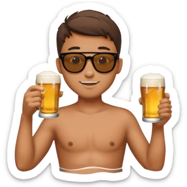 a young dude river tubing wearing sunglasses and swim trunks, drinking a beer sticker