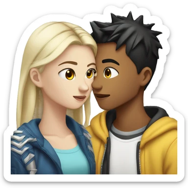 asian teenage boy with black spiky  with ear piercings and white teenage girl with long blonde straight hair and blue eyes kissing  sticker