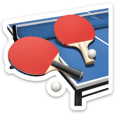 Two table tennis paddles and a ball placed on a ping pong table, with the net in the background. The scene conveys the simplicity and focus of the sport, with vibrant colors highlighting the rackets and ball on the smooth surface of the table. sticker