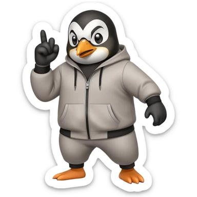 friendly anthropomorphised penguin wearing a mafia-style tracksuit, secretive scheming pose, soprano vibe, angry expression, running aggressively, holding a knuckle duster sticker