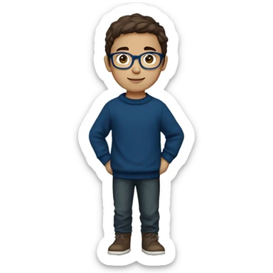 winter, christmas, young boy, short  brown hair, brown eyes, hispanic, dark blue sweater, full body, blue glasses sticker