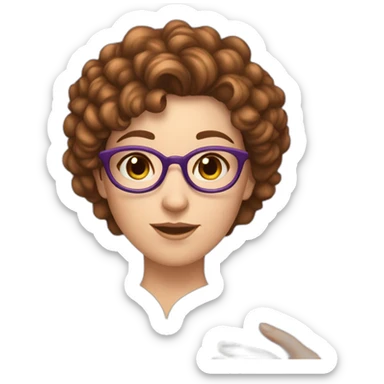 white girl not wearing glasses and really short brown curly hair reading a purple book sticker